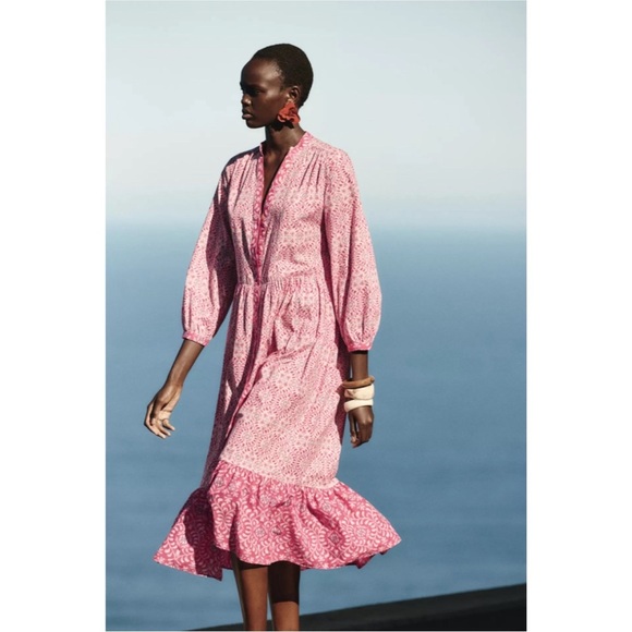 Zara Printed Midi Dress Pink Floral Button Front Tiered Boho Cotton 5029/ - Picture 1 of 13